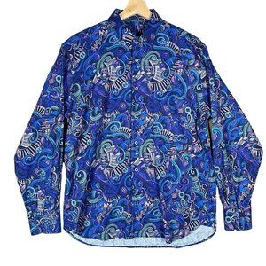 Gene Hiller Shirt Musical Eclectic Printed Jazz Musician Blue Colorful Sz Large